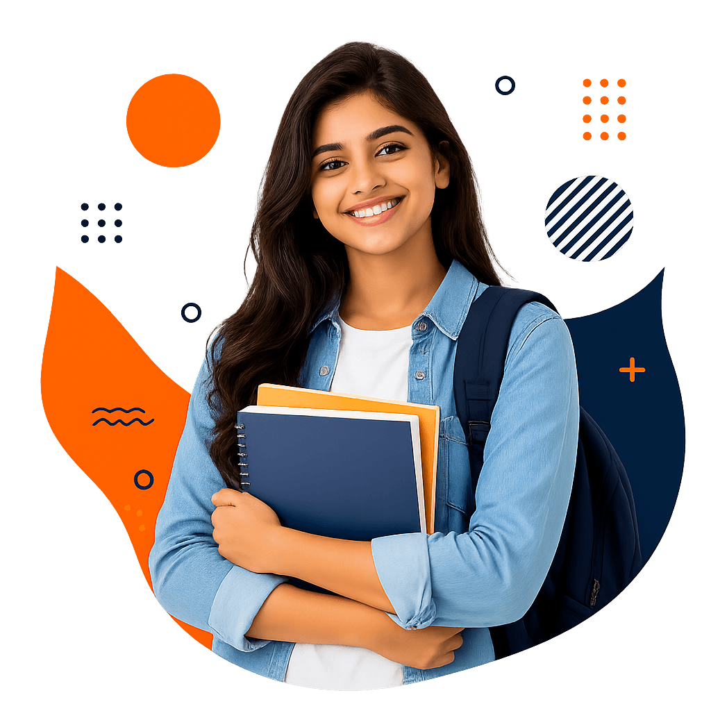 Student holding books, smiling
